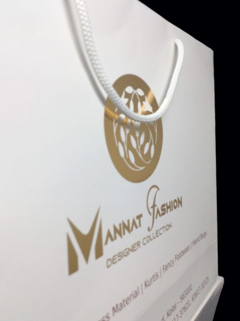 Designer Gold foil Stamped Paper Bags for Mannat Fashions | Bangalore Roopac