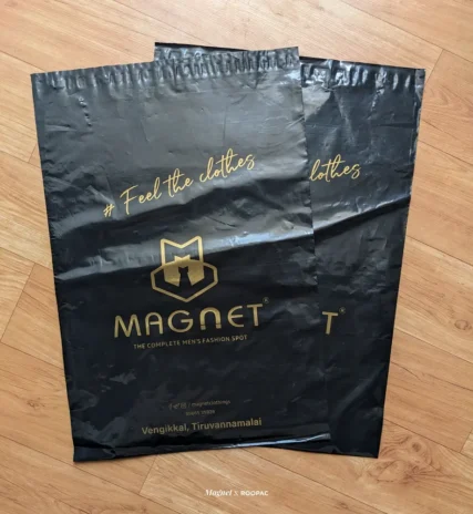 Magnet black with gold foiled screen printed poly mailer