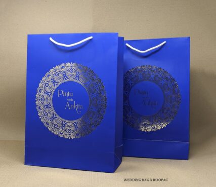Close up view of the mandala design on the luxury wedding paper bag.