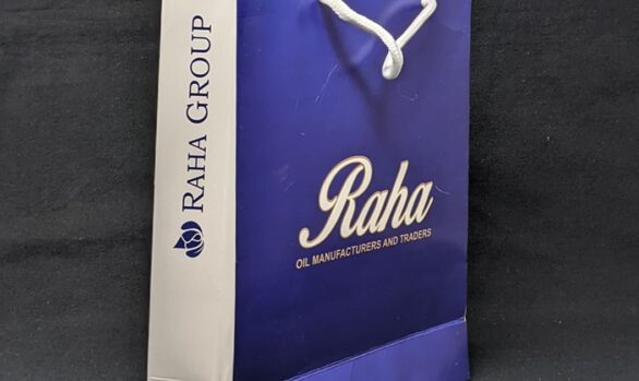 Raha Group Rice Bran Oil in promotional paper bag, Paper bags showing health and well-being, Paper Bags for Rice Bran Oil