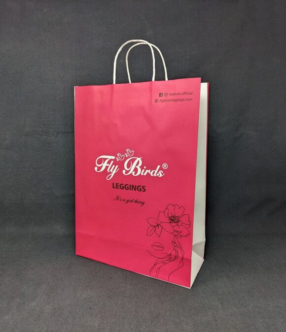 Our strong and trendy Paper Bags, perfect for carrying home your favorite leggings from Fly Birds, Tiruppur.