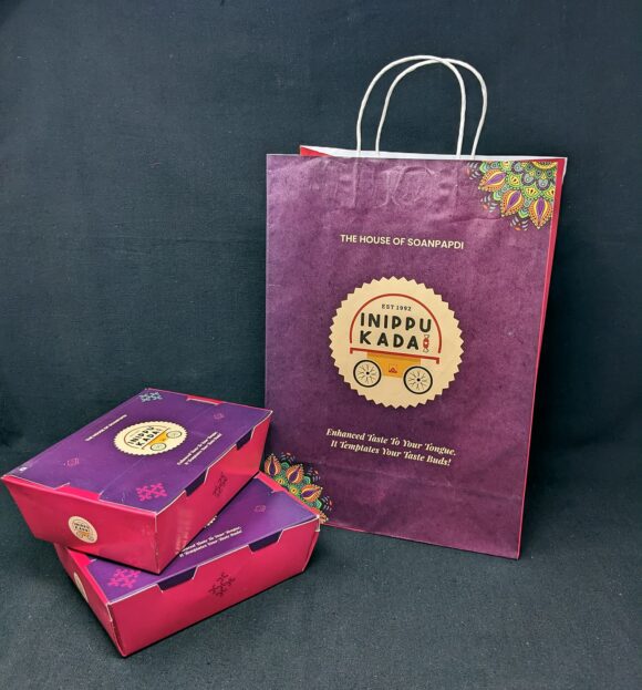 "Inippu Kadai's Soan Papdi in beautifully designed paper bag