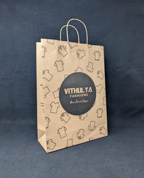 Durable and stylish Paper Bags, tailor-made for Vithulya Fashion, a leading Men's Brand Shoppe in Tiruppur.