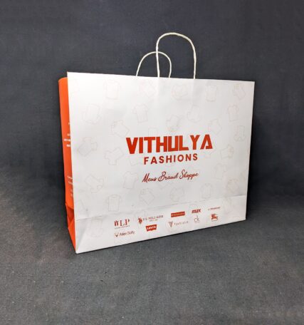Durable and stylish Paper Bags, tailor-made for Vithulya Fashion, a leading Men's Brand Shoppe in Tiruppur.