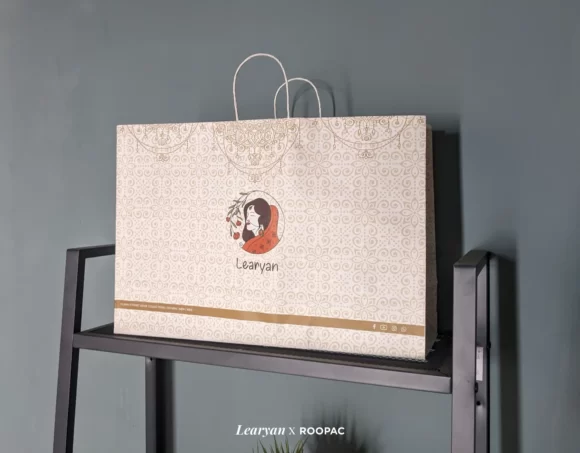 Learyan's stylish designer paper bag featuring intricate Indian craftsmanship to Paris