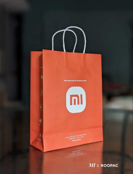 Close-up view of the Xiaomi MI Mobile Store paper bag, Coimbatore