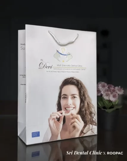 A sturdy, eco-friendly custom paper bag, perfect for dental clinics