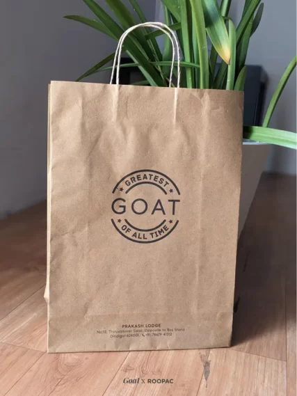 A fashionable customer at Goat Men's Clothing Store in Dindigul holding a Roopac Durable Brown Kraft Bag.