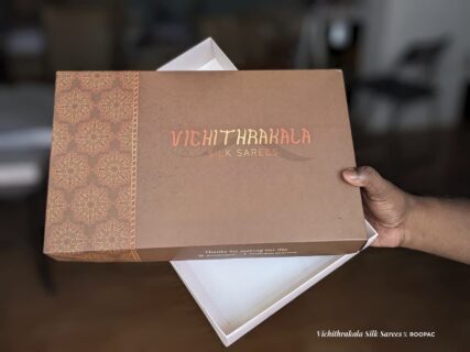 Roopac's foldable saree box with Vichithrakala logo embossed, designed for Sydney-based Vichithrakala Silk Sarees.