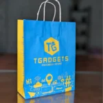 Vibrant blue T Gadgets bag adorned with yellow gadget doodles
