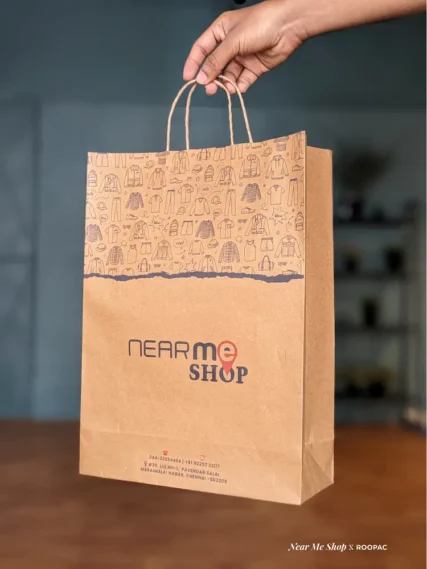 Near Me Shop's durable Kraft paper bag with blue and red prints