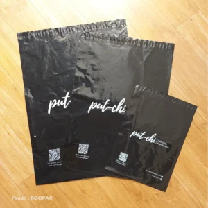 Roopac’s black poly mailers for The Putchi, available in three sizes