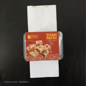 Colorful Soan Papdi box wrapper for Selvam Sweets, crafted by Roopac with cultural elegance