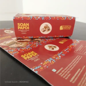 Traditional Indian sweets packaging: Selvam Sweets Soan Papdi box wrapper designed by Roopac