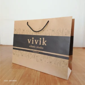 Vivik Ethnic Studio kraft paper bag with black floral design